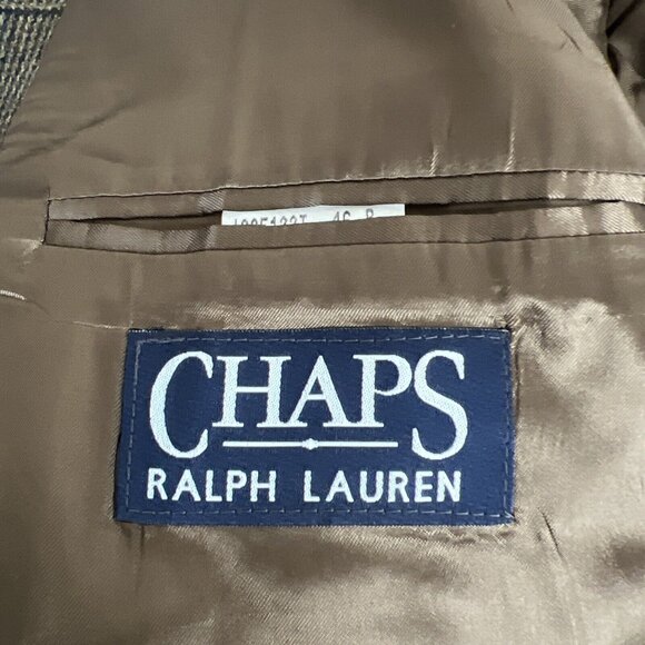 Chaps Ralph Lauren Wool Plaid Blazer Mens 46 R Vintage 80's Jacket Tan Blue Coat - Picture 8 of 10